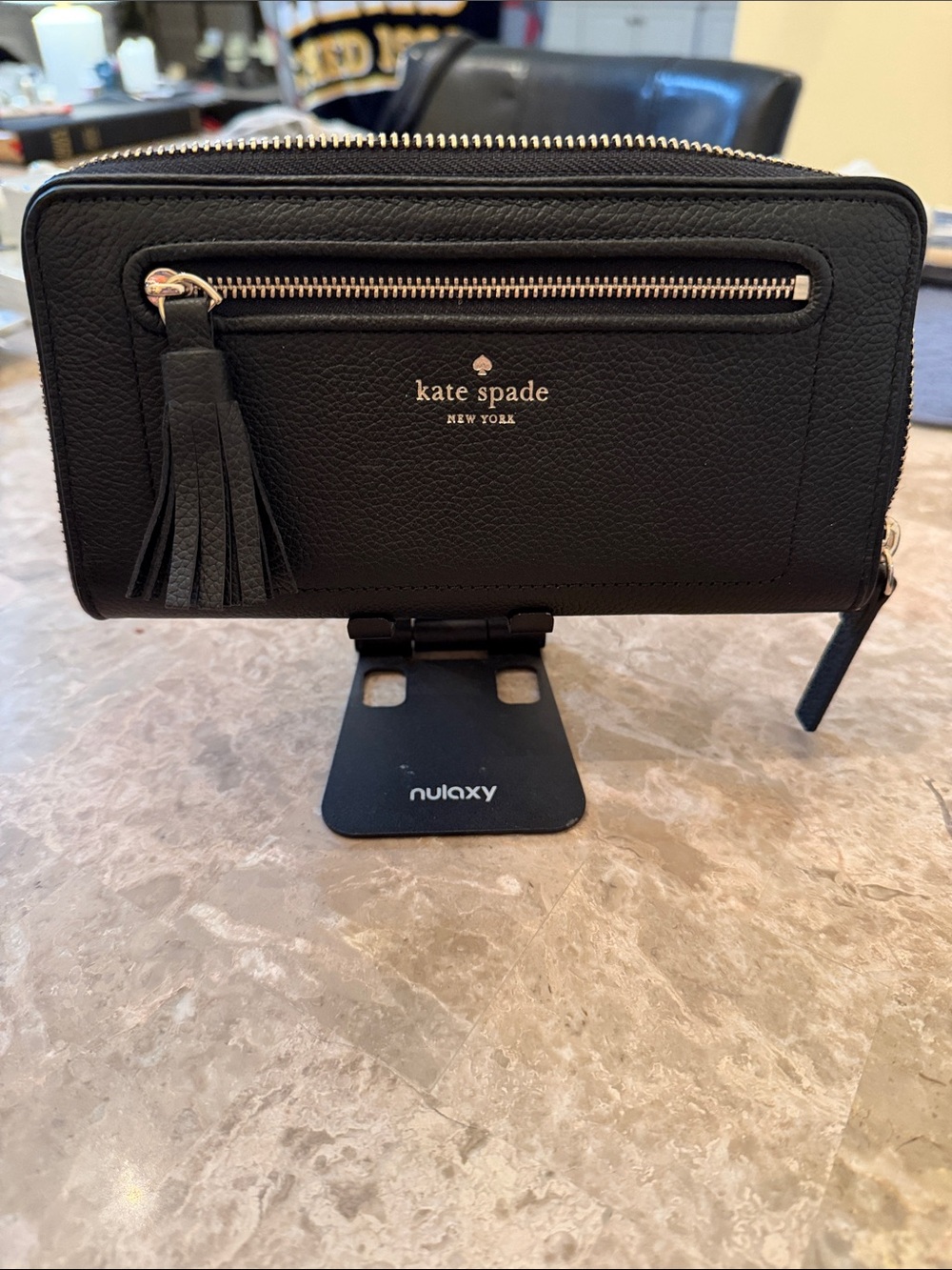 kate spade Neda Chester Street Black Pebbled Leather Zip Wallet with Tassel NWT